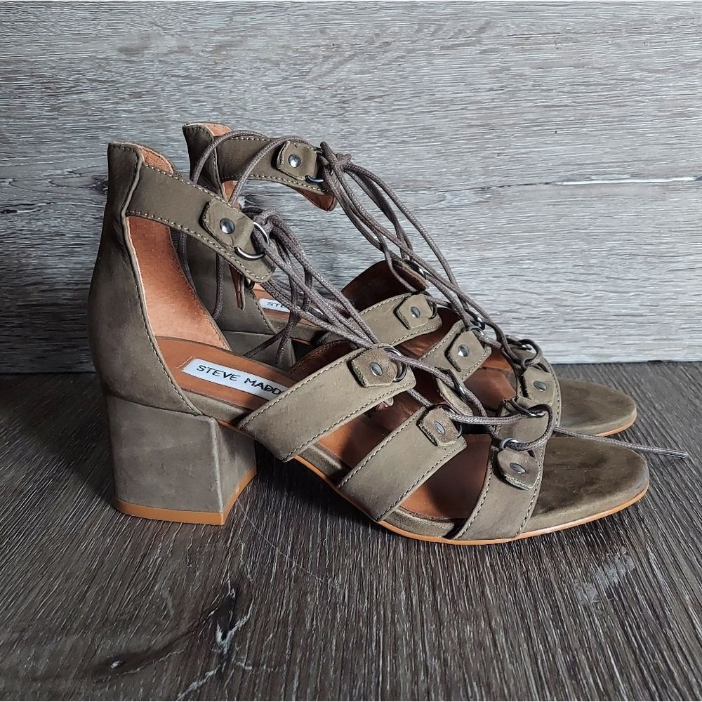 Steve Madden Imala Olive Green Suede Gladiator Sandal 5.5 Lace Up Block Heel